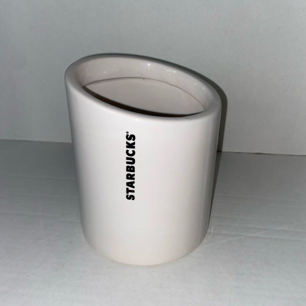 2012 STARBUCKS White Black Canister Ceramic Coffee Tea Sugar Utensil Holder 12oz